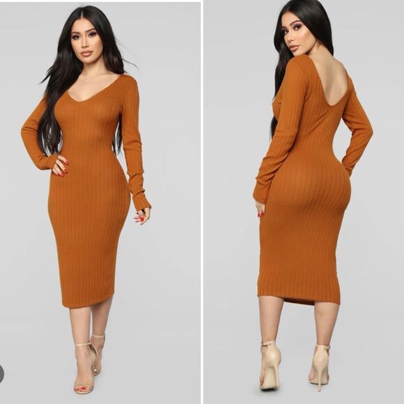 NWT Fashion Nova For The Thrill Of It Midid Dress Rust 2X - Picture 1 of 9